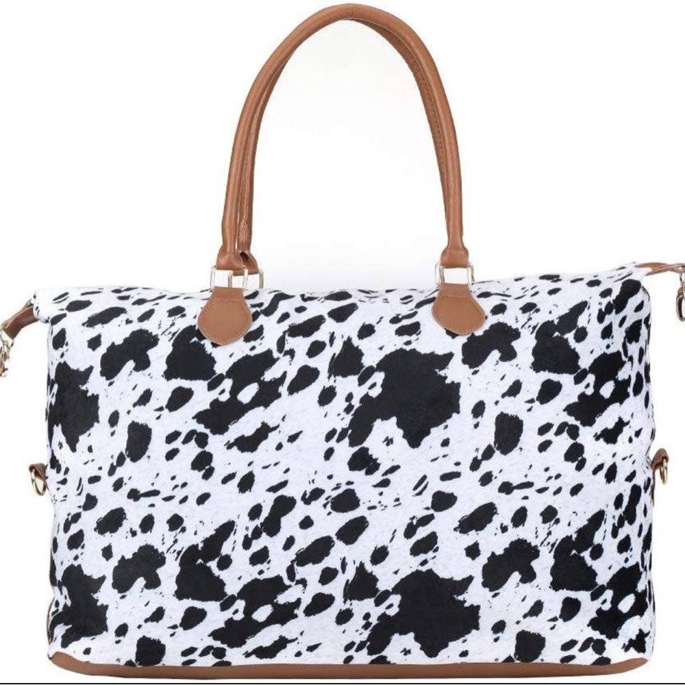 Elegant Cow Print Tote Bag with Tan Accents